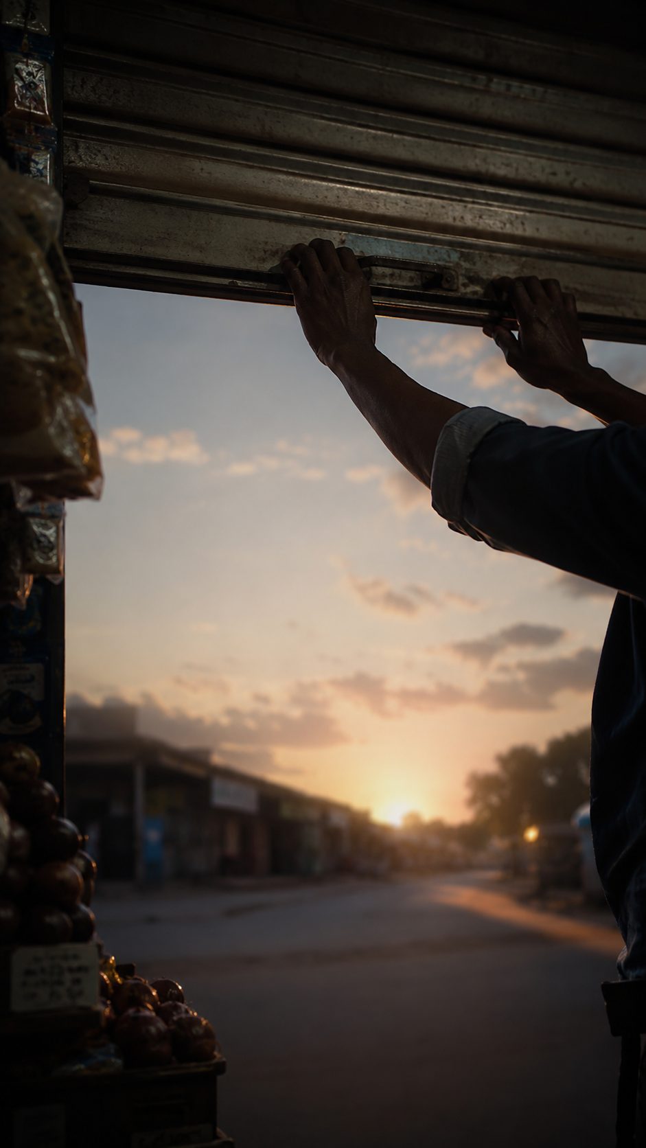 Hands lifting a shop shutter at first light