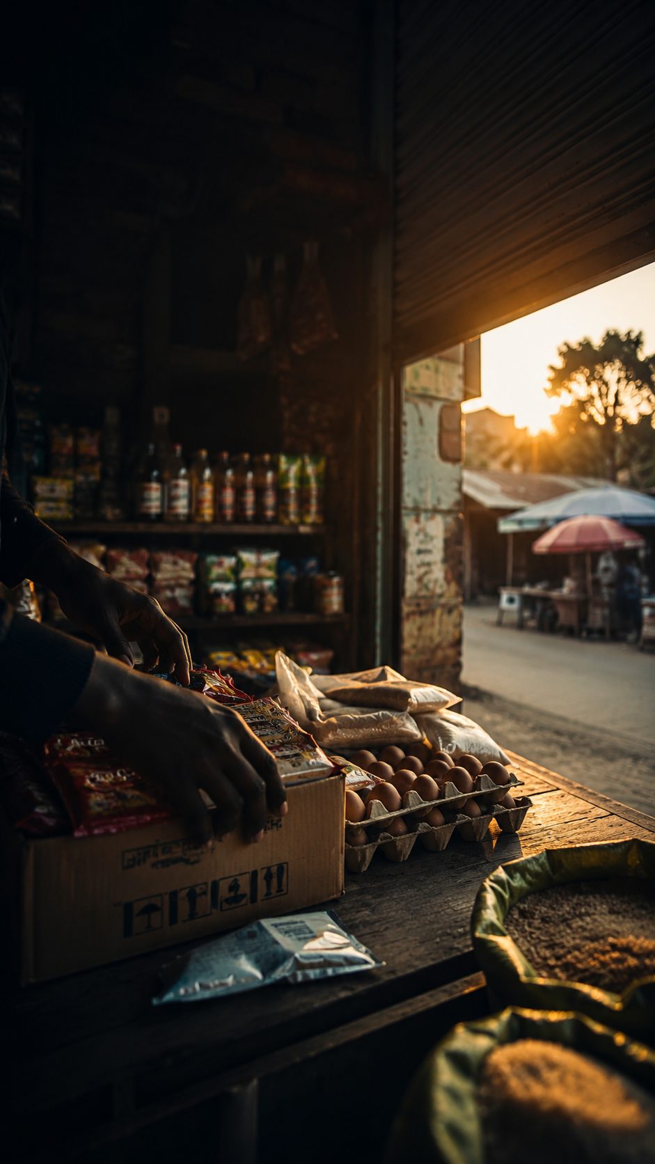 A shopkeeper arranging stock at dusk, warm light falling across the goods