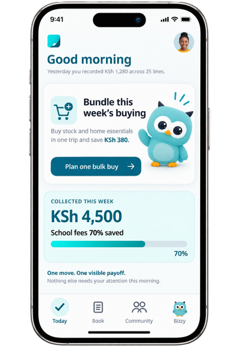 The DayTwo app on a phone: a good-morning summary, a bulk-buy suggestion, KSh 4,500 collected this week, and school fees 70% saved.