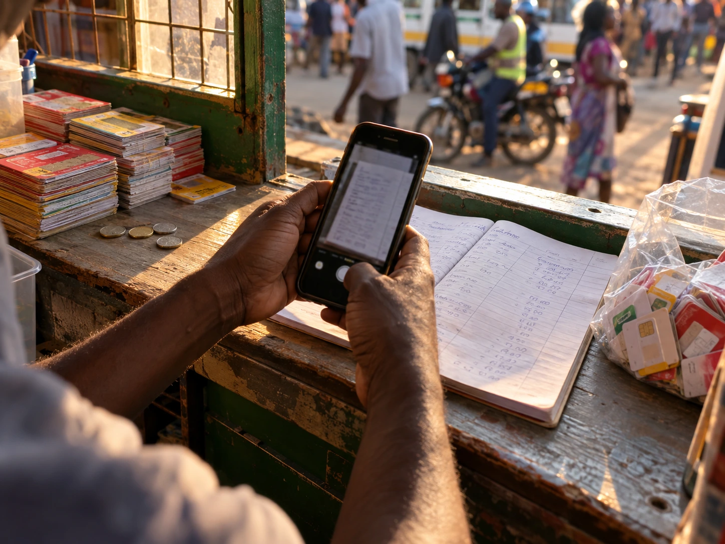 Hands holding a phone over an open notebook at a phone-credit kiosk counter, taking a photo of the page. Airtime cards and SIM packets beside it.